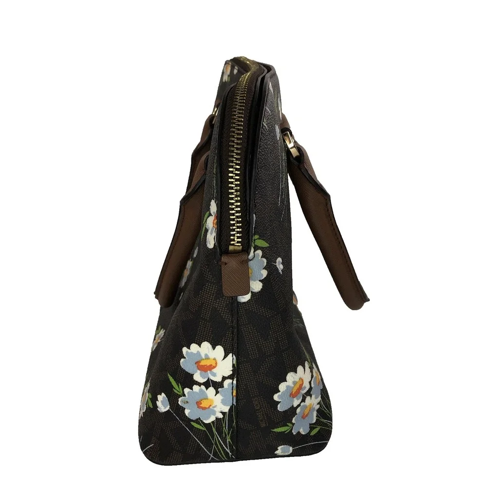 Michael Kors Cindy Dome Satchel‎ Brown White Blue Floral Handbag Purse MK Logo